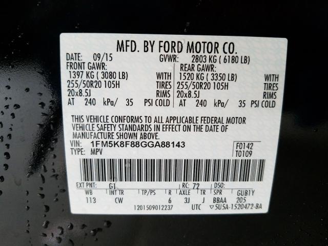 Photo 9 VIN: 1FM5K8F88GGA88143 - FORD EXPLORER L 