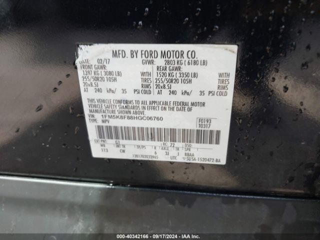 Photo 8 VIN: 1FM5K8F88HGC06760 - FORD EXPLORER 