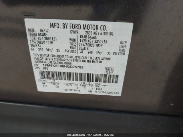 Photo 8 VIN: 1FM5K8F88HGD75788 - FORD EXPLORER 