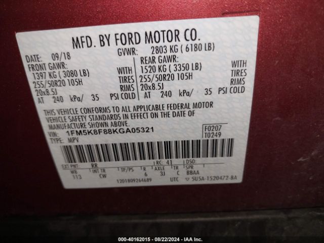 Photo 8 VIN: 1FM5K8F88KGA05321 - FORD EXPLORER 