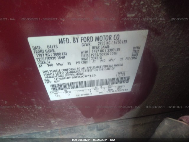 Photo 8 VIN: 1FM5K8F89DGC67125 - FORD EXPLORER 