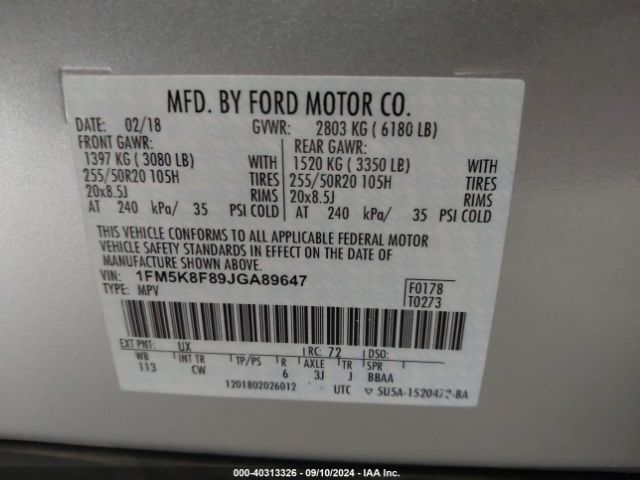 Photo 8 VIN: 1FM5K8F89JGA89647 - FORD EXPLORER 