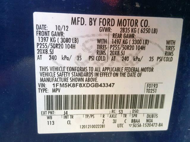 Photo 9 VIN: 1FM5K8F8XDGB43347 - FORD EXPLORER L 