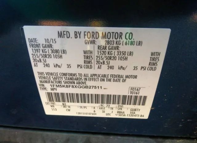 Photo 8 VIN: 1FM5K8F8XGGB27511 - FORD EXPLORER 