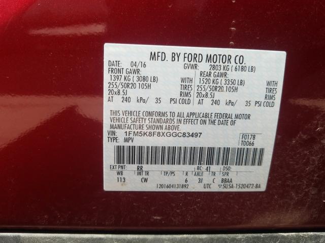 Photo 9 VIN: 1FM5K8F8XGGC83497 - FORD EXPLORER L 