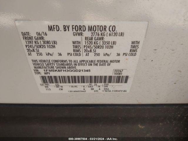 Photo 8 VIN: 1FM5K8FH3GGD21345 - FORD EXPLORER 