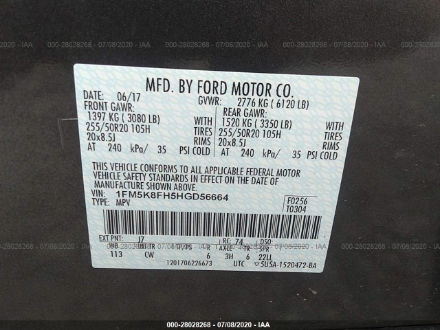 Photo 8 VIN: 1FM5K8FH5HGD56664 - FORD EXPLORER 