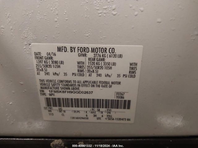 Photo 8 VIN: 1FM5K8FH9GGD02637 - FORD EXPLORER 