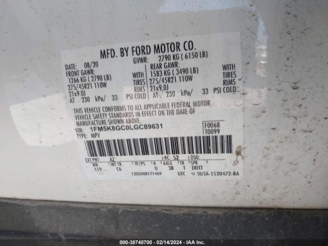 Photo 8 VIN: 1FM5K8GC0LGC89631 - FORD EXPLORER 