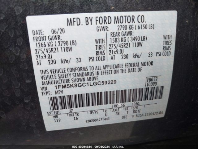 Photo 8 VIN: 1FM5K8GC1LGC59229 - FORD EXPLORER 