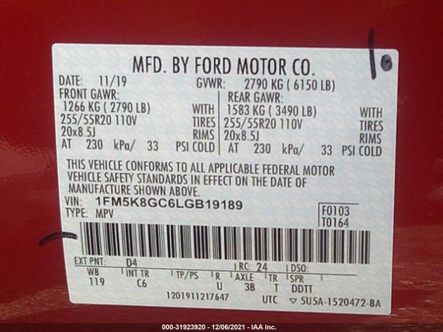 Photo 8 VIN: 1FM5K8GC6LGB19189 - FORD EXPLORER 