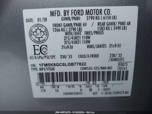 Photo 8 VIN: 1FM5K8GC6LGB77822 - FORD EXPLORER 