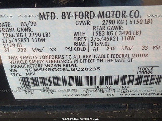 Photo 8 VIN: 1FM5K8GC6LGC28235 - FORD EXPLORER 