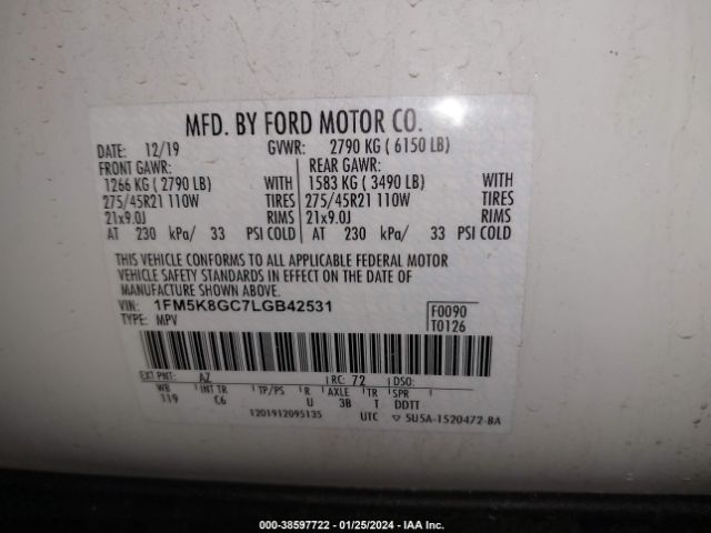 Photo 8 VIN: 1FM5K8GC7LGB42531 - FORD EXPLORER 