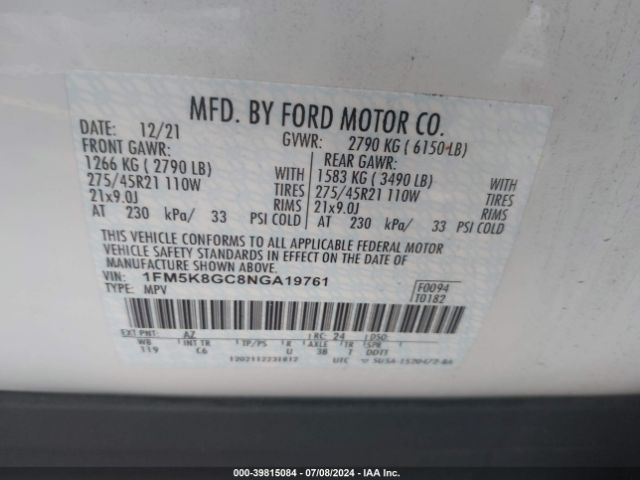 Photo 8 VIN: 1FM5K8GC8NGA19761 - FORD EXPLORER 