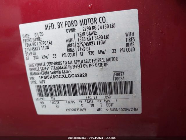 Photo 8 VIN: 1FM5K8GCXLGC42820 - FORD EXPLORER 