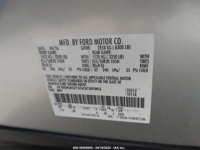 Photo 8 VIN: 1FM5K8GT3GGC80962 - FORD EXPLORER 