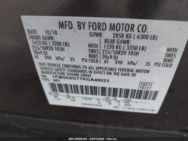 Photo 8 VIN: 1FM5K8GT7KGA48633 - FORD EXPLORER 