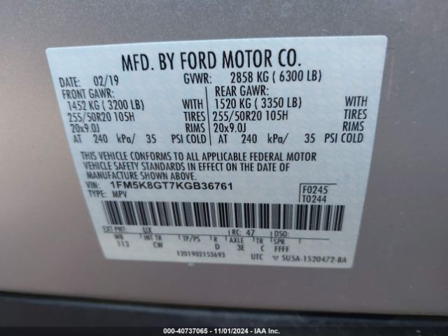 Photo 8 VIN: 1FM5K8GT7KGB36761 - FORD EXPLORER 