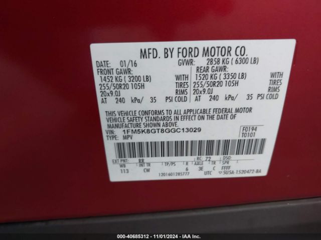 Photo 8 VIN: 1FM5K8GT8GGC13029 - FORD EXPLORER 