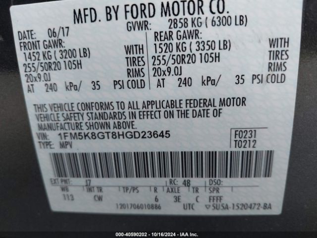 Photo 8 VIN: 1FM5K8GT8HGD23645 - FORD EXPLORER 