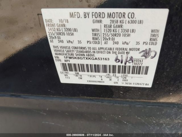 Photo 8 VIN: 1FM5K8GTXKGA53163 - FORD EXPLORER 