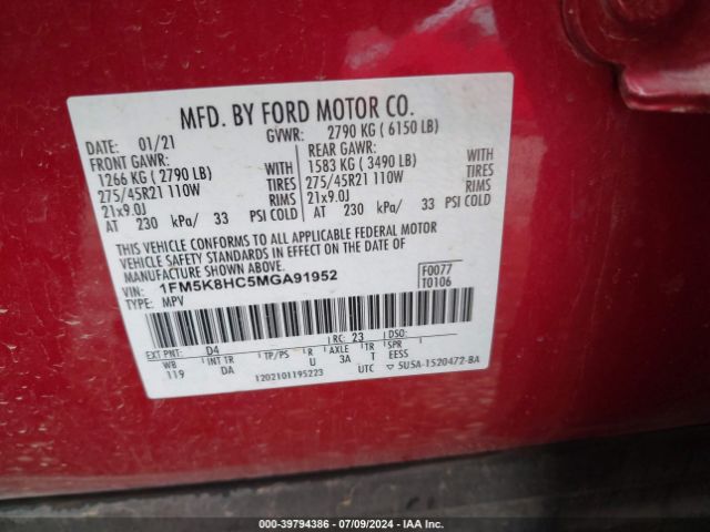 Photo 8 VIN: 1FM5K8HC5MGA91952 - FORD EXPLORER 