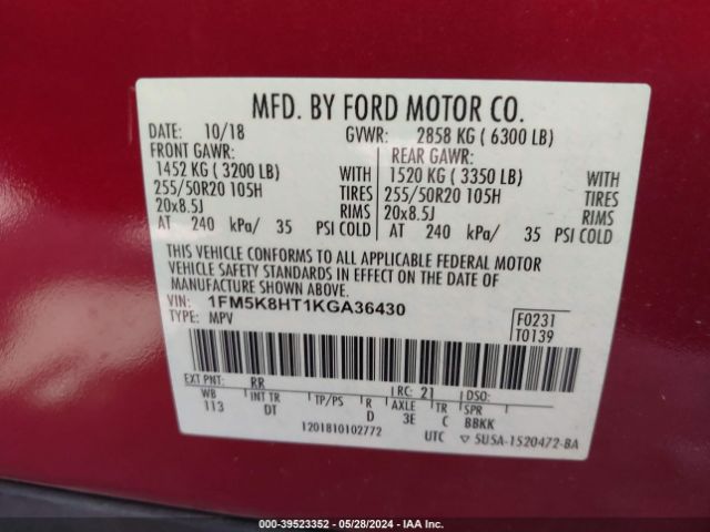 Photo 8 VIN: 1FM5K8HT1KGA36430 - FORD EXPLORER 