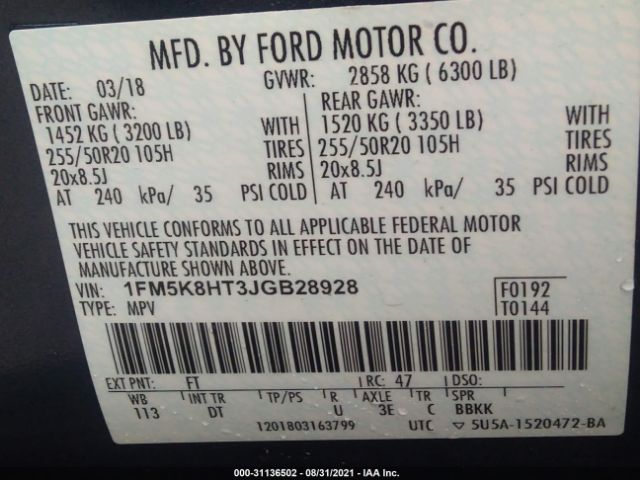 Photo 8 VIN: 1FM5K8HT3JGB28928 - FORD EXPLORER 