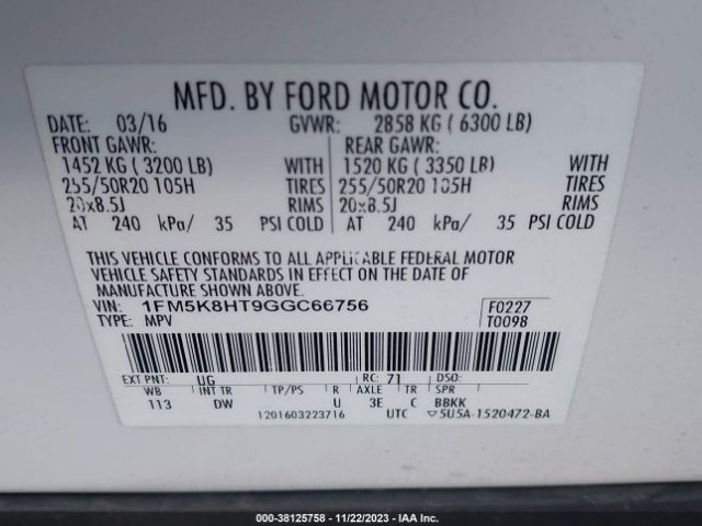 Photo 8 VIN: 1FM5K8HT9GGC66756 - FORD EXPLORER 