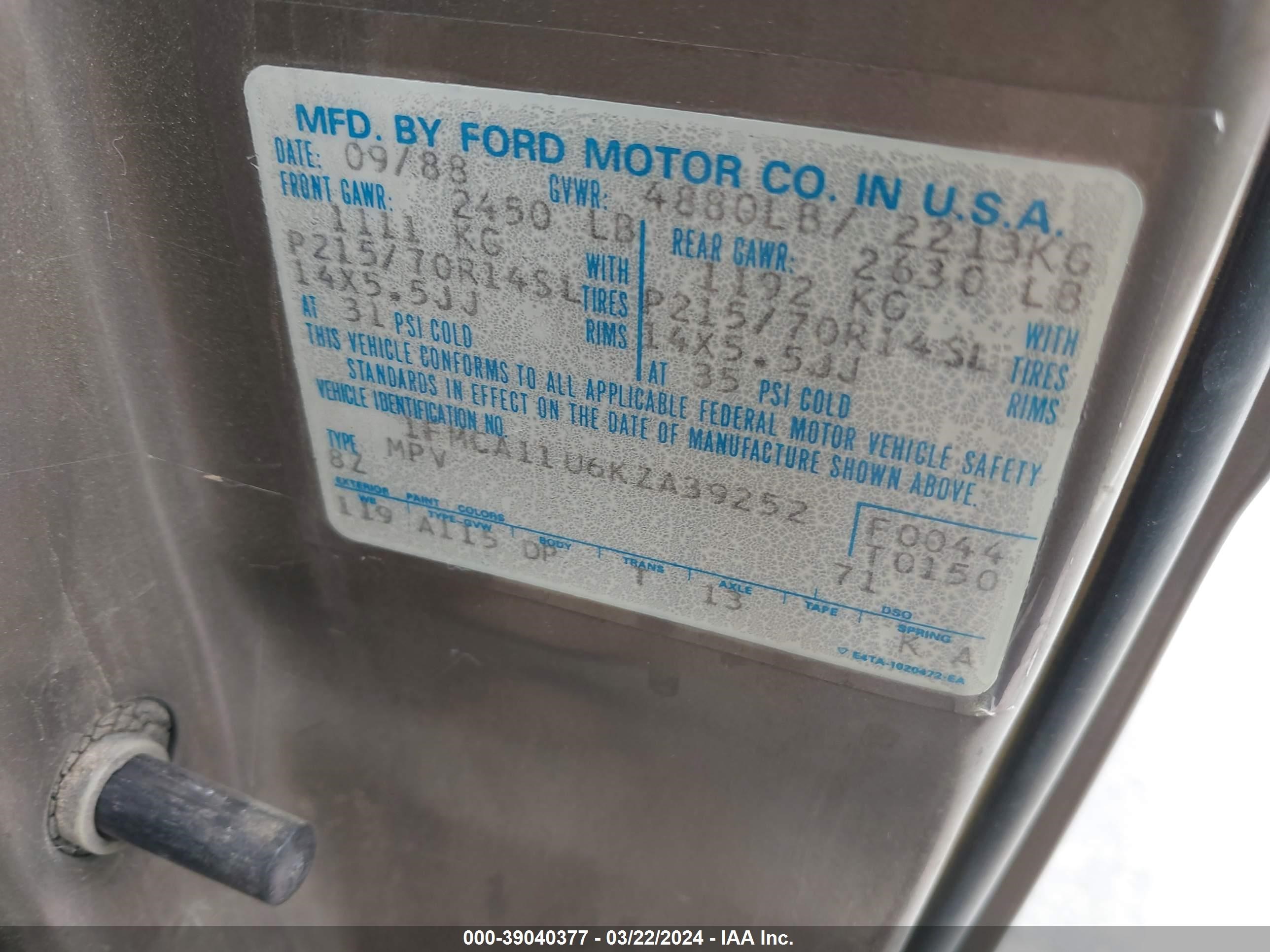 Photo 8 VIN: 1FMCA11U6KZA39252 - FORD AEROSTAR 