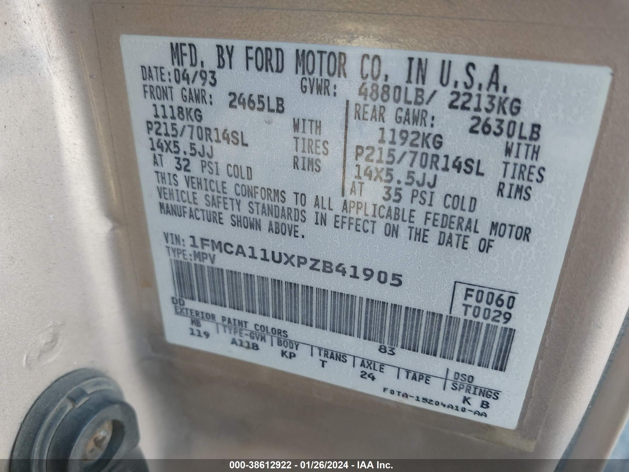 Photo 8 VIN: 1FMCA11UXPZB41905 - FORD AEROSTAR 