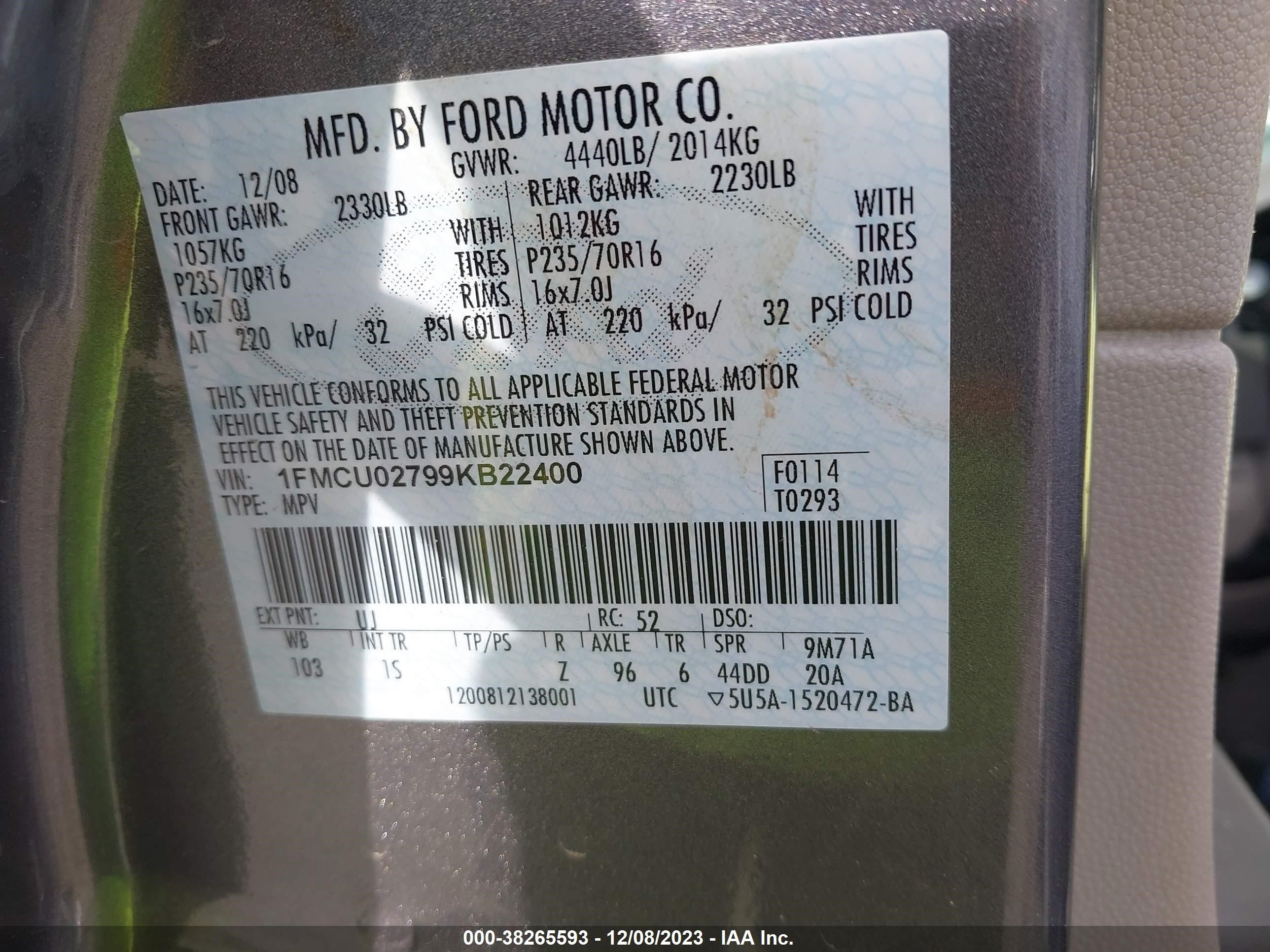 Photo 8 VIN: 1FMCU02799KB22400 - FORD ESCAPE 