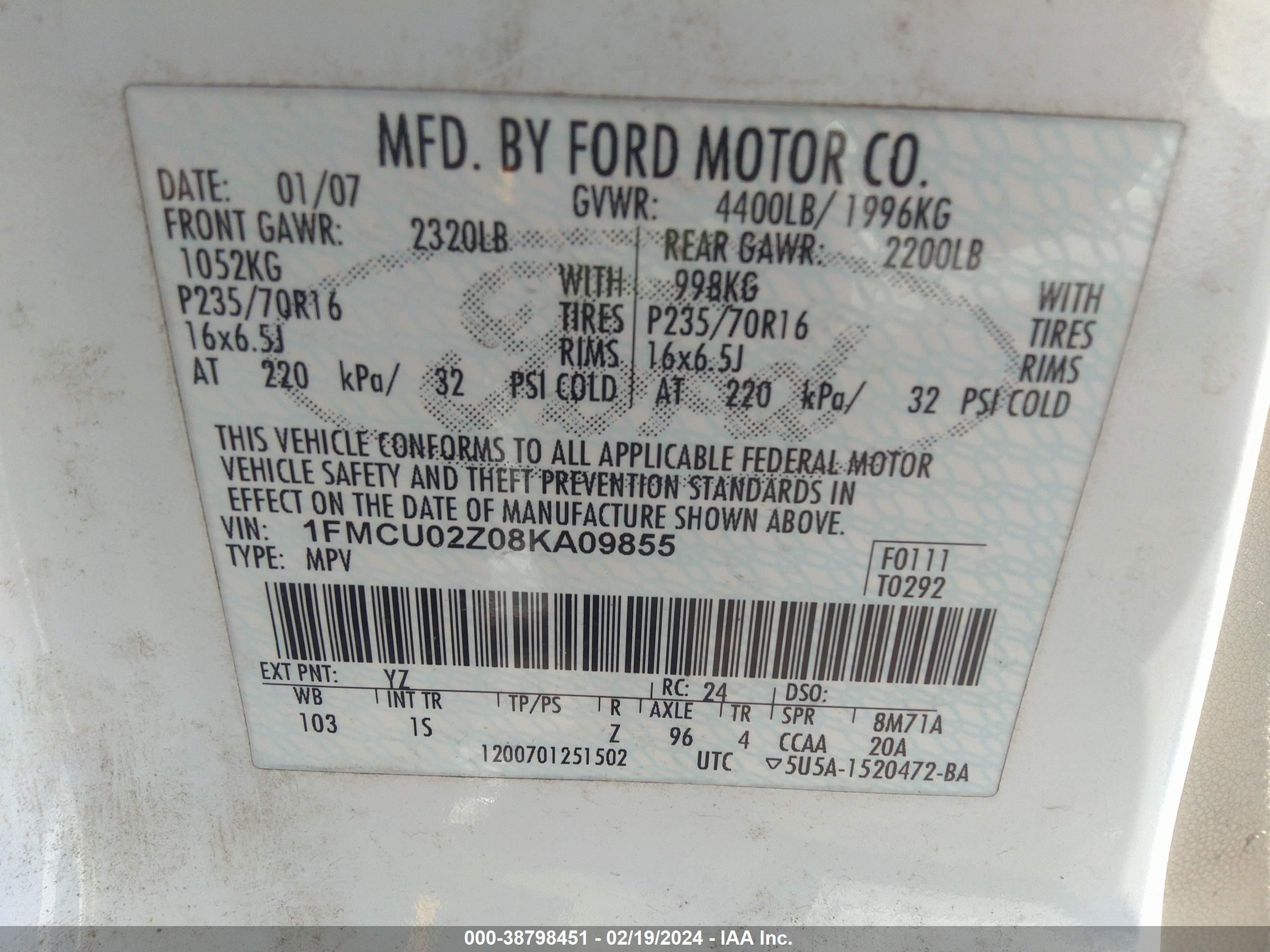 Photo 8 VIN: 1FMCU02Z08KA09855 - FORD ESCAPE 