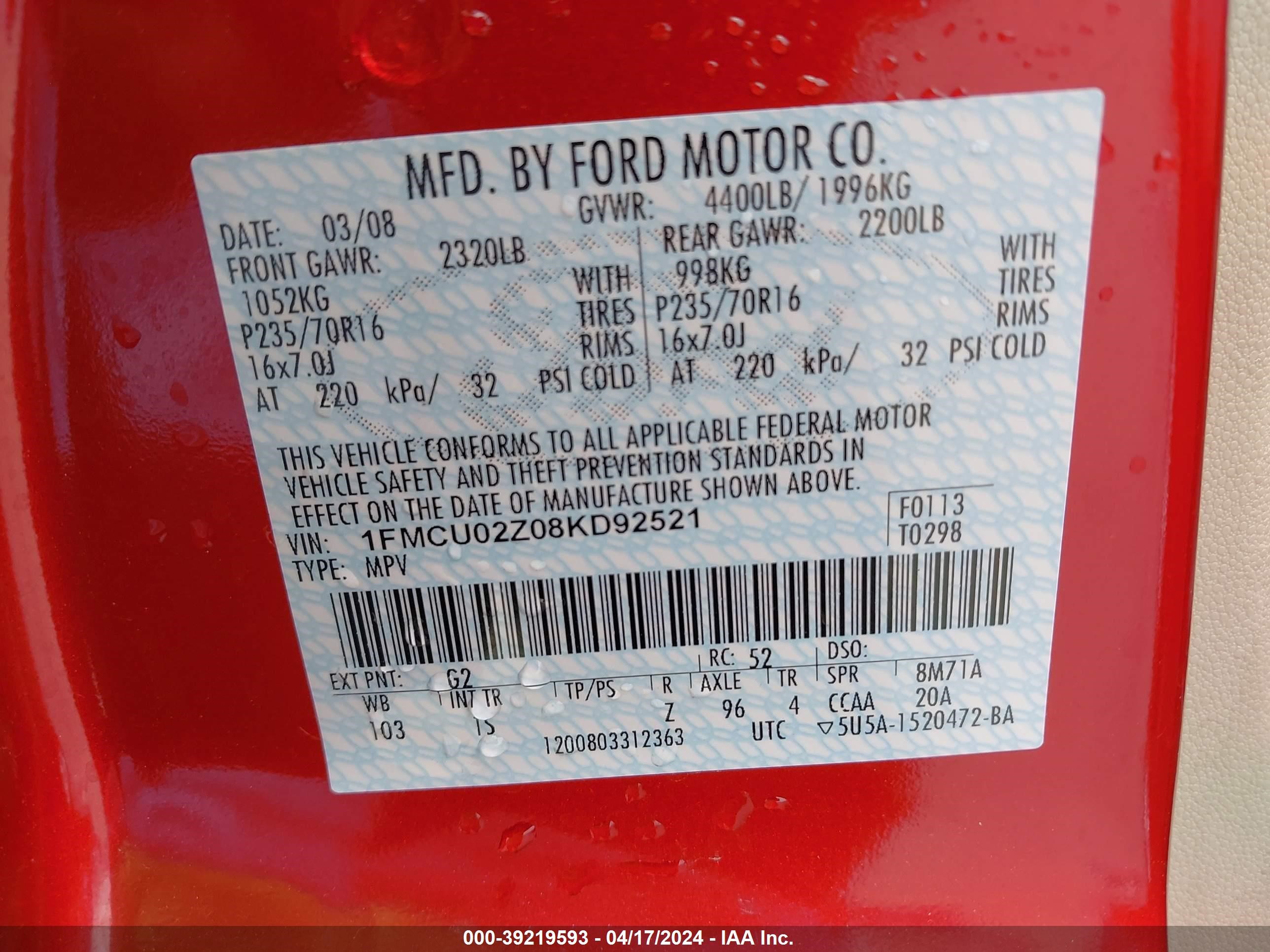 Photo 8 VIN: 1FMCU02Z08KD92521 - FORD ESCAPE 