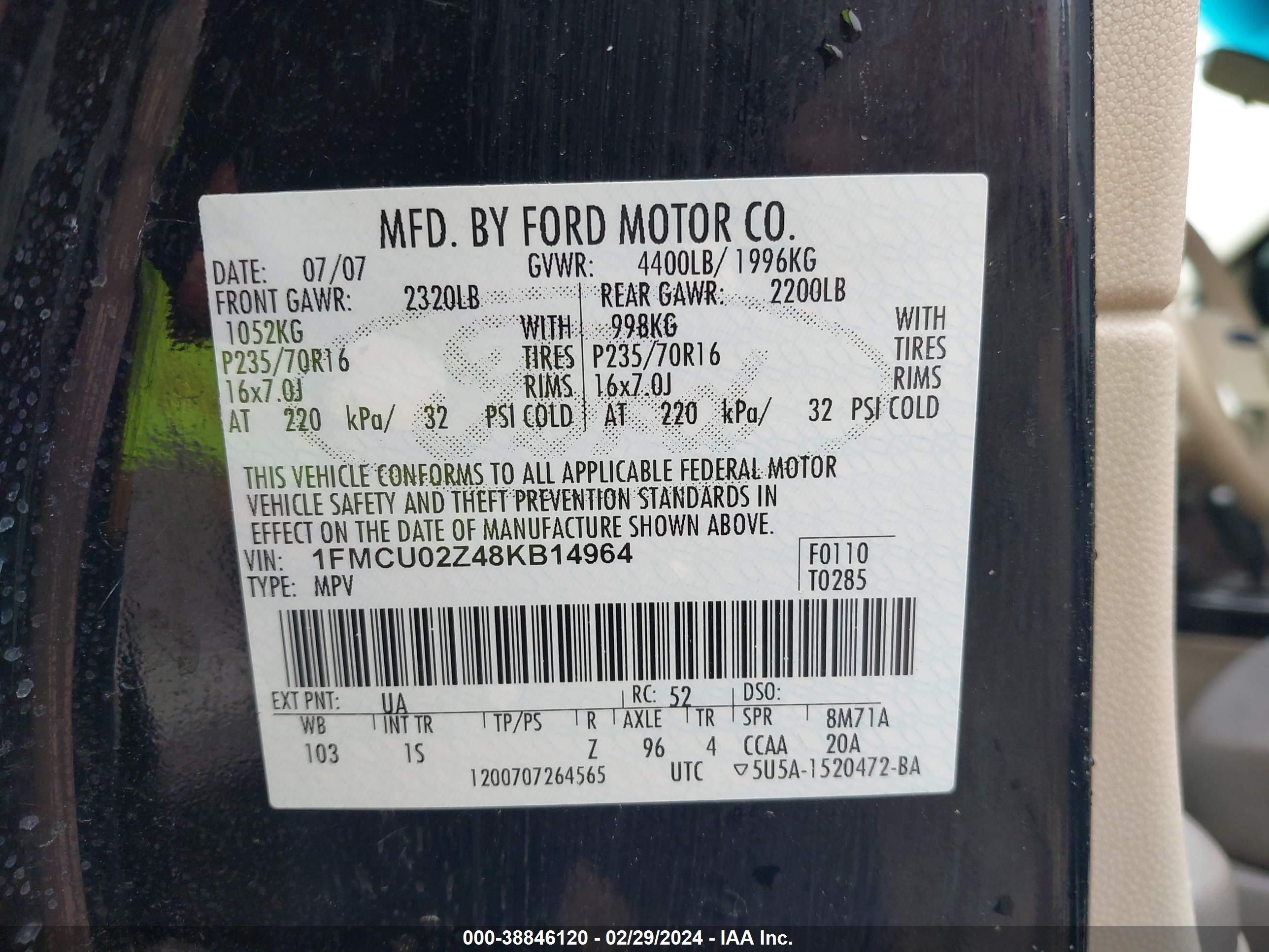 Photo 8 VIN: 1FMCU02Z48KB14964 - FORD ESCAPE 