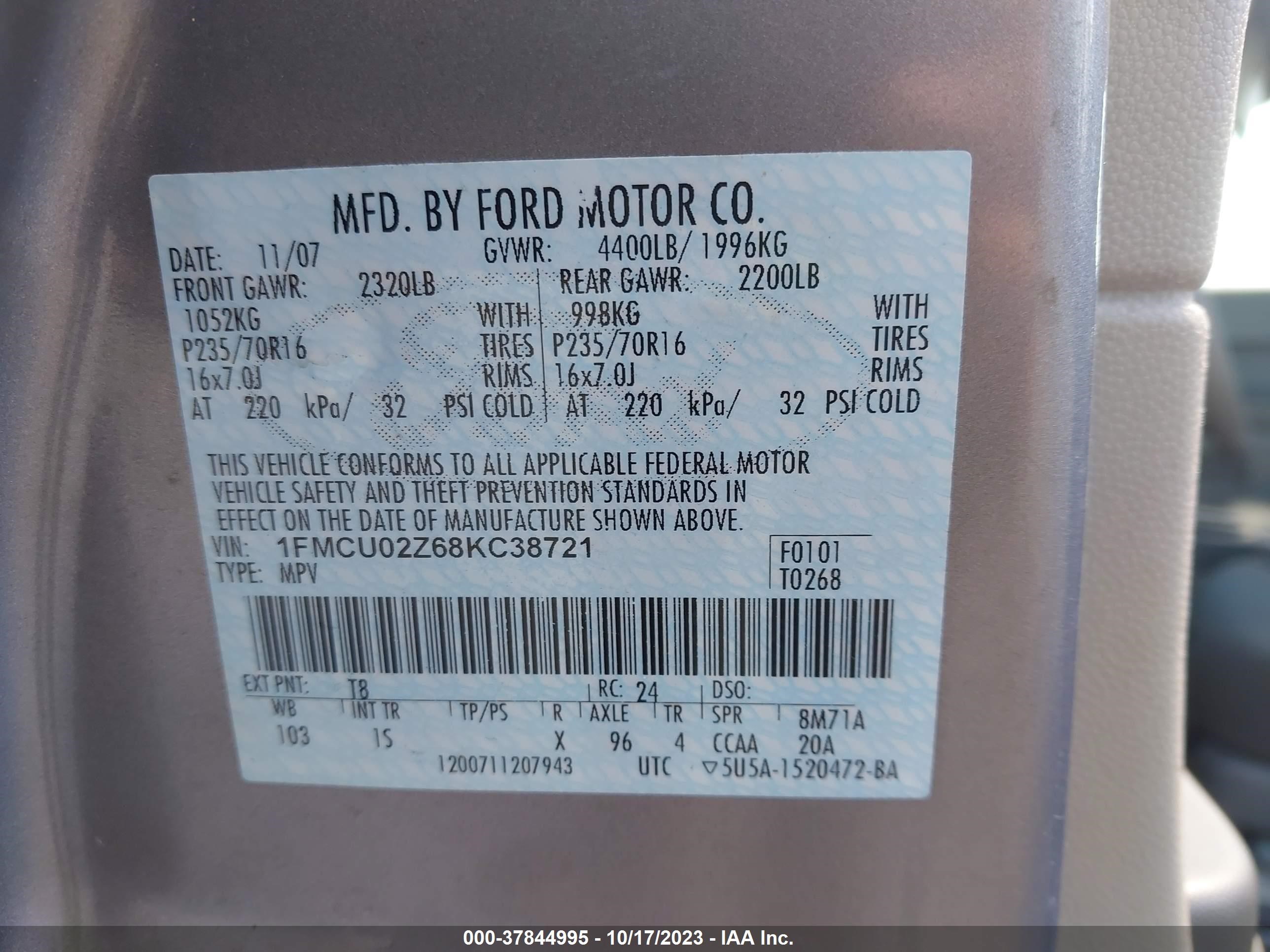 Photo 8 VIN: 1FMCU02Z68KC38721 - FORD ESCAPE 