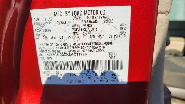 Photo 9 VIN: 1FMCU02ZX8KC33778 - FORD ESCAPE XLS 