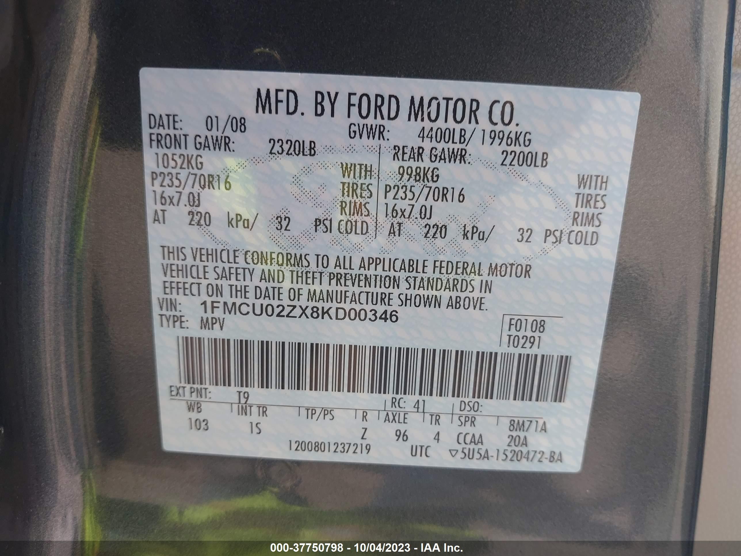 Photo 8 VIN: 1FMCU02ZX8KD00346 - FORD ESCAPE 