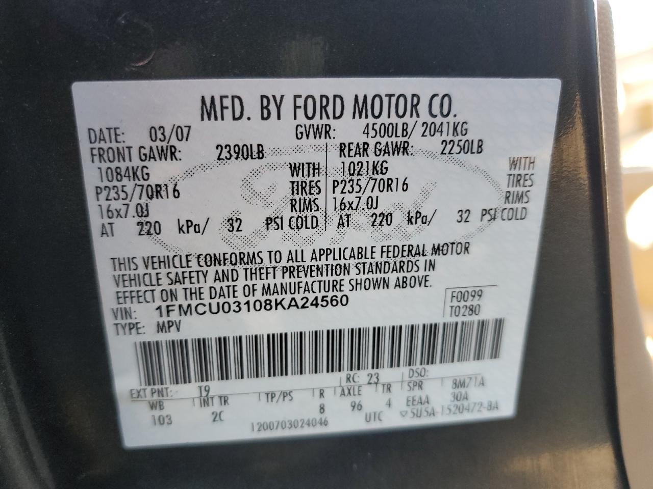 Photo 12 VIN: 1FMCU03108KA24560 - FORD ESCAPE 