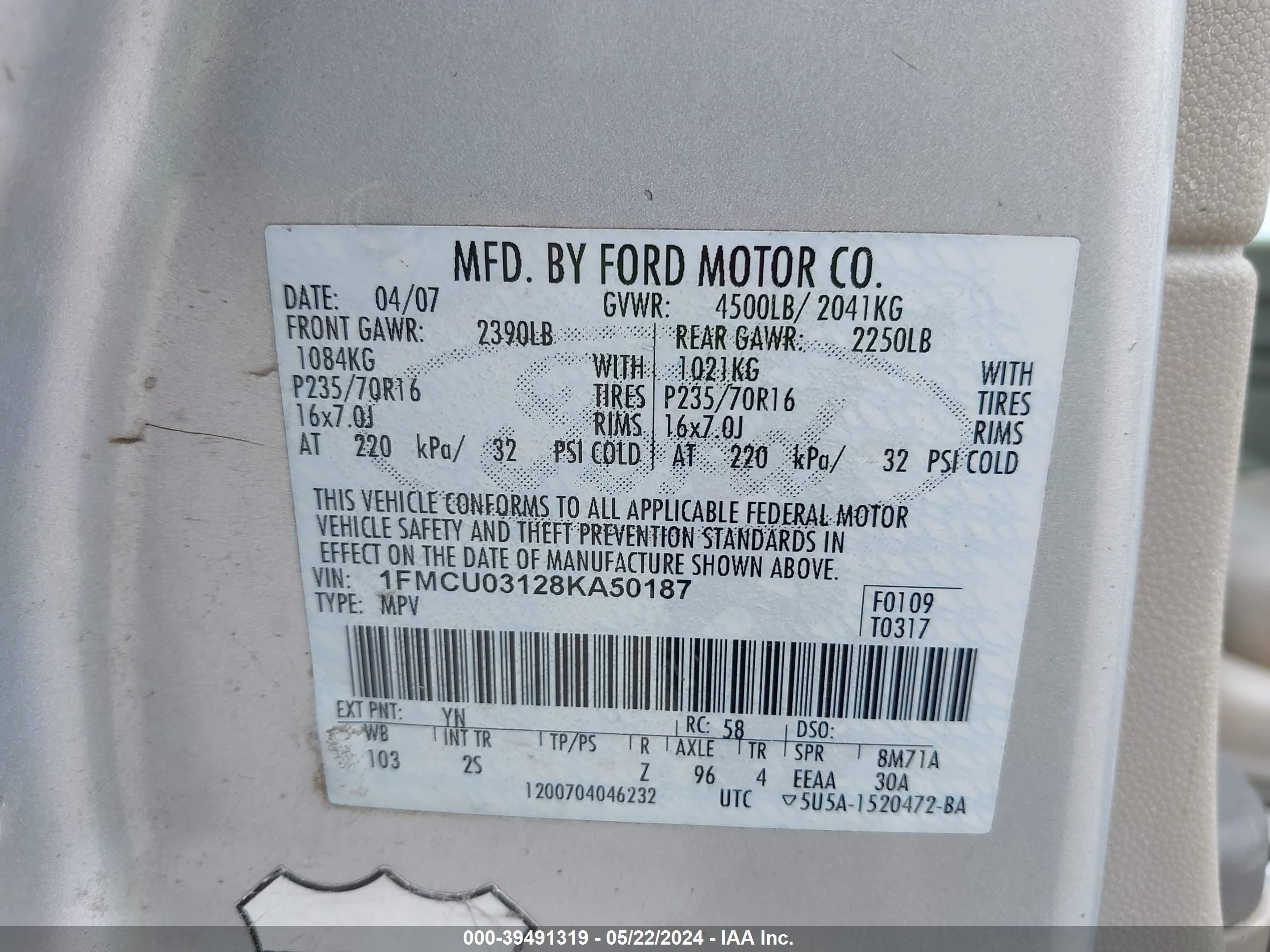 Photo 8 VIN: 1FMCU03128KA50187 - FORD ESCAPE 