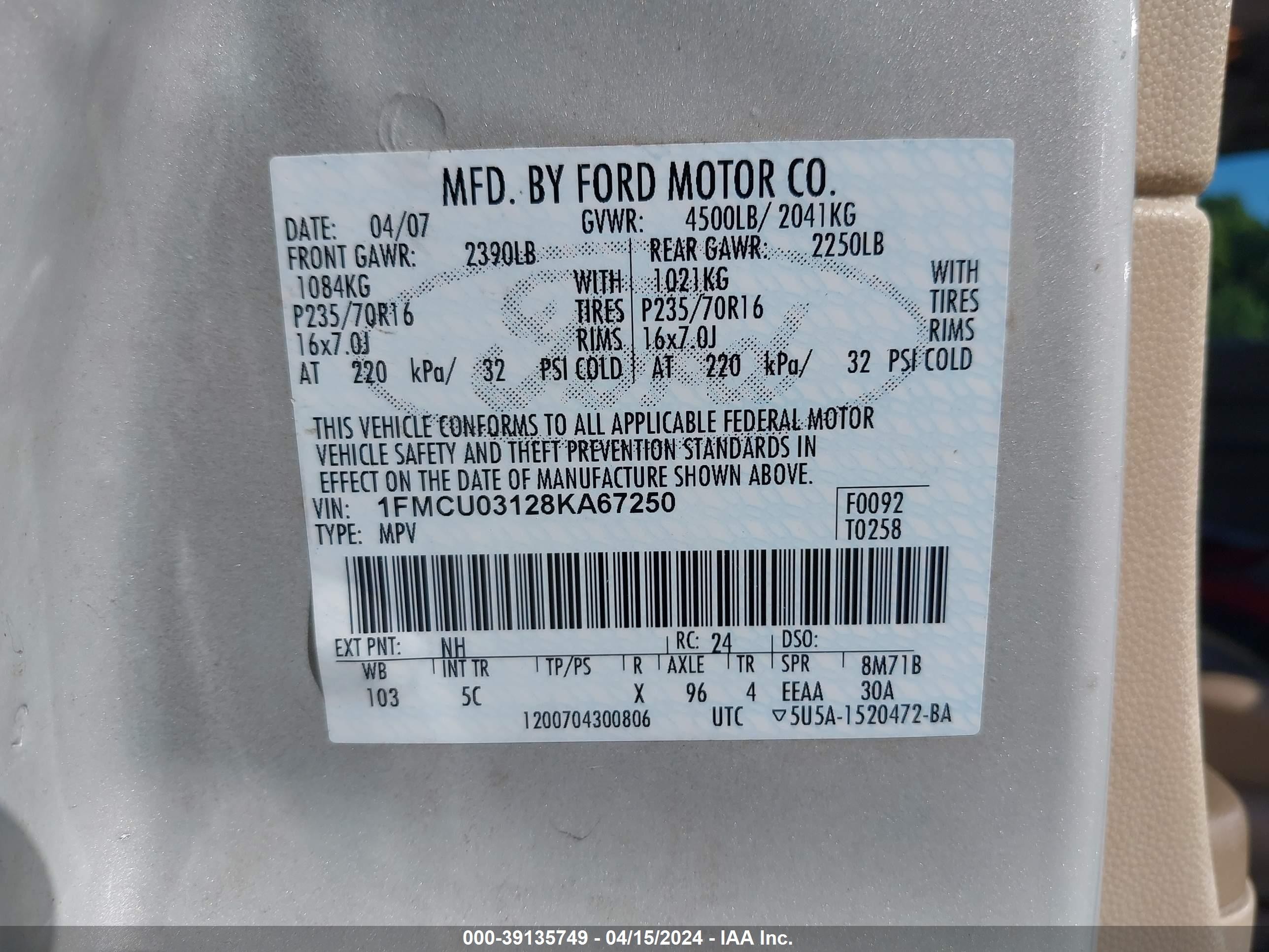 Photo 8 VIN: 1FMCU03128KA67250 - FORD ESCAPE 