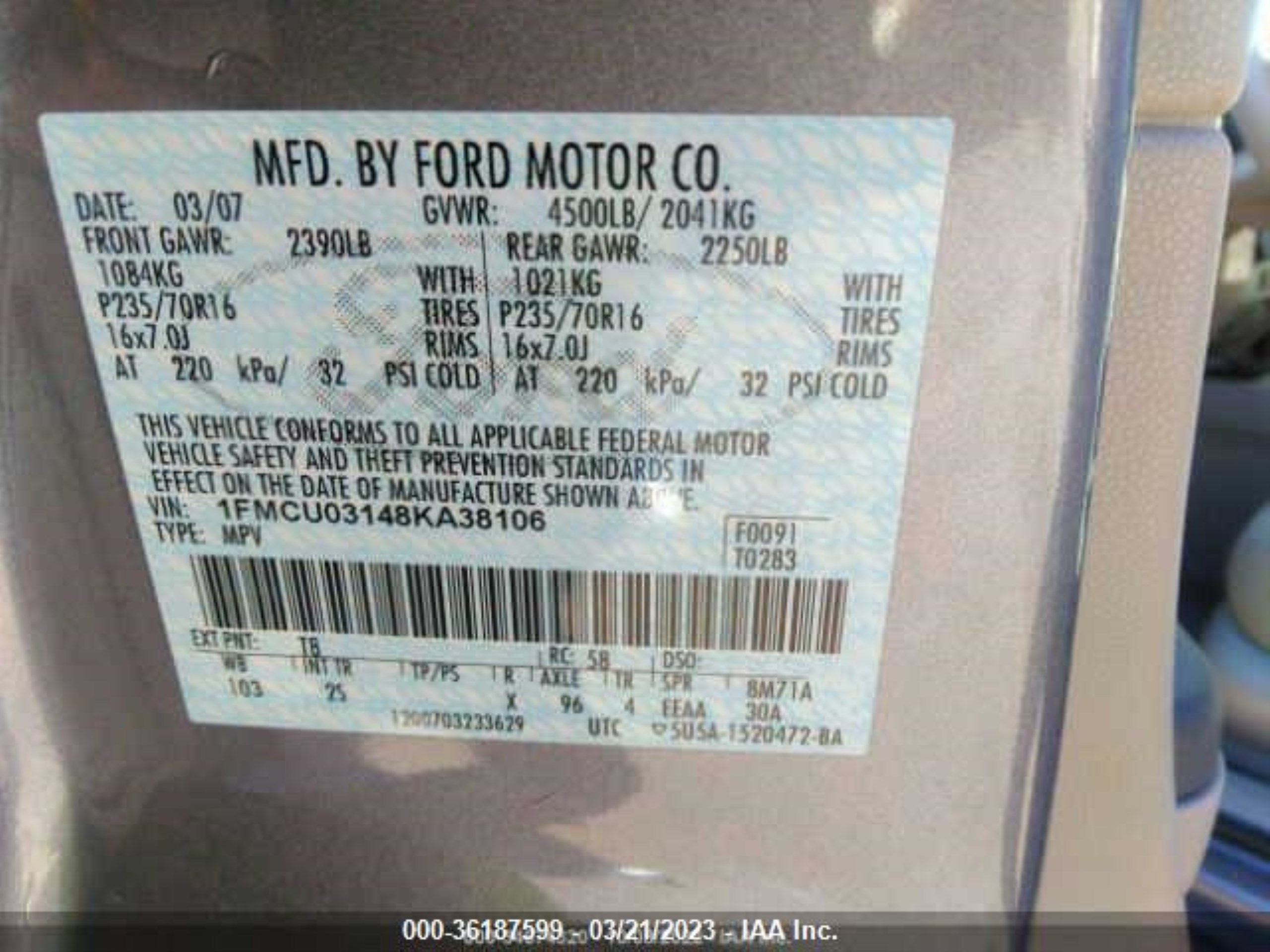 Photo 8 VIN: 1FMCU03148KA38106 - FORD ESCAPE 