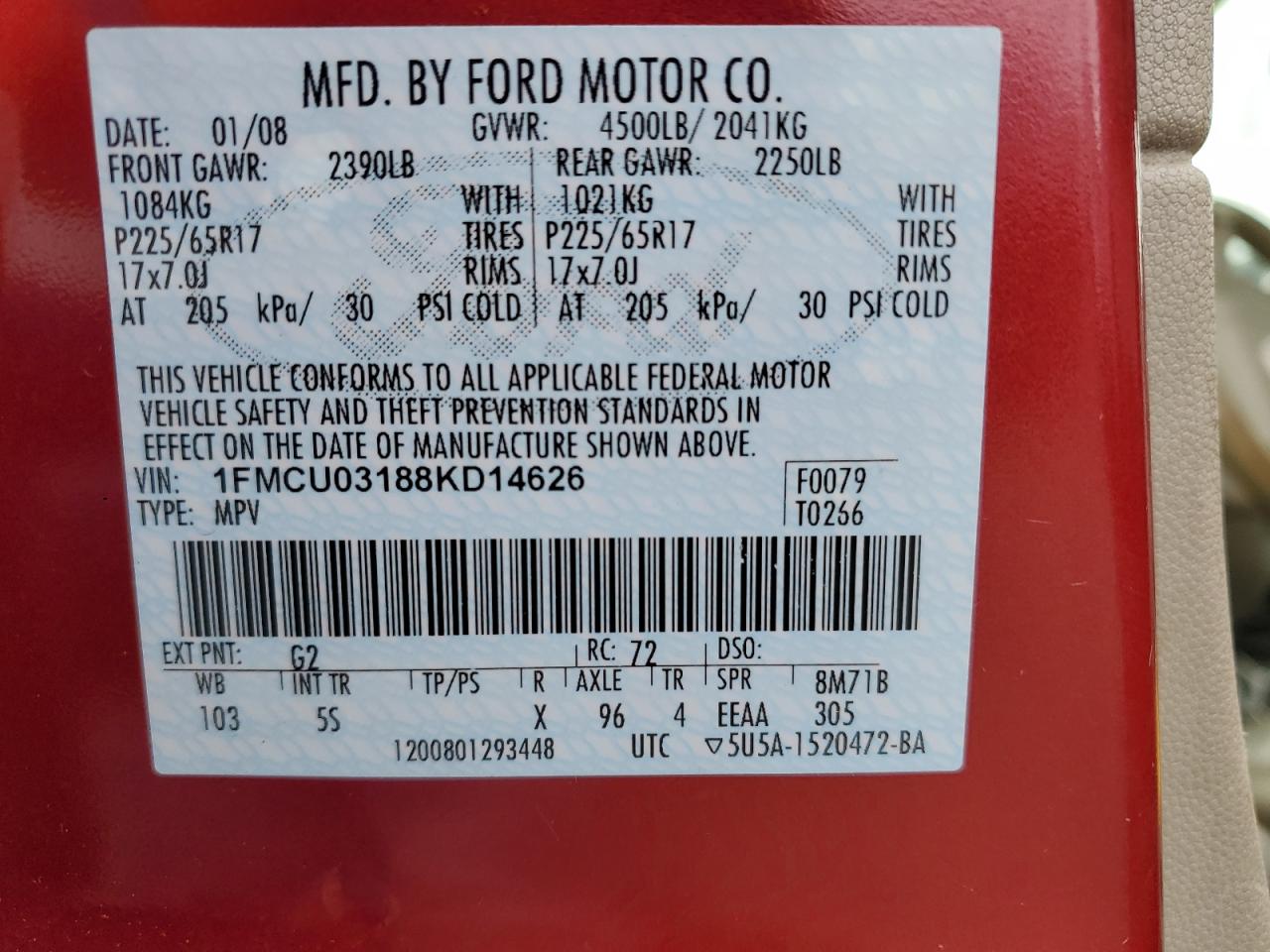 Photo 12 VIN: 1FMCU03188KD14626 - FORD ESCAPE 