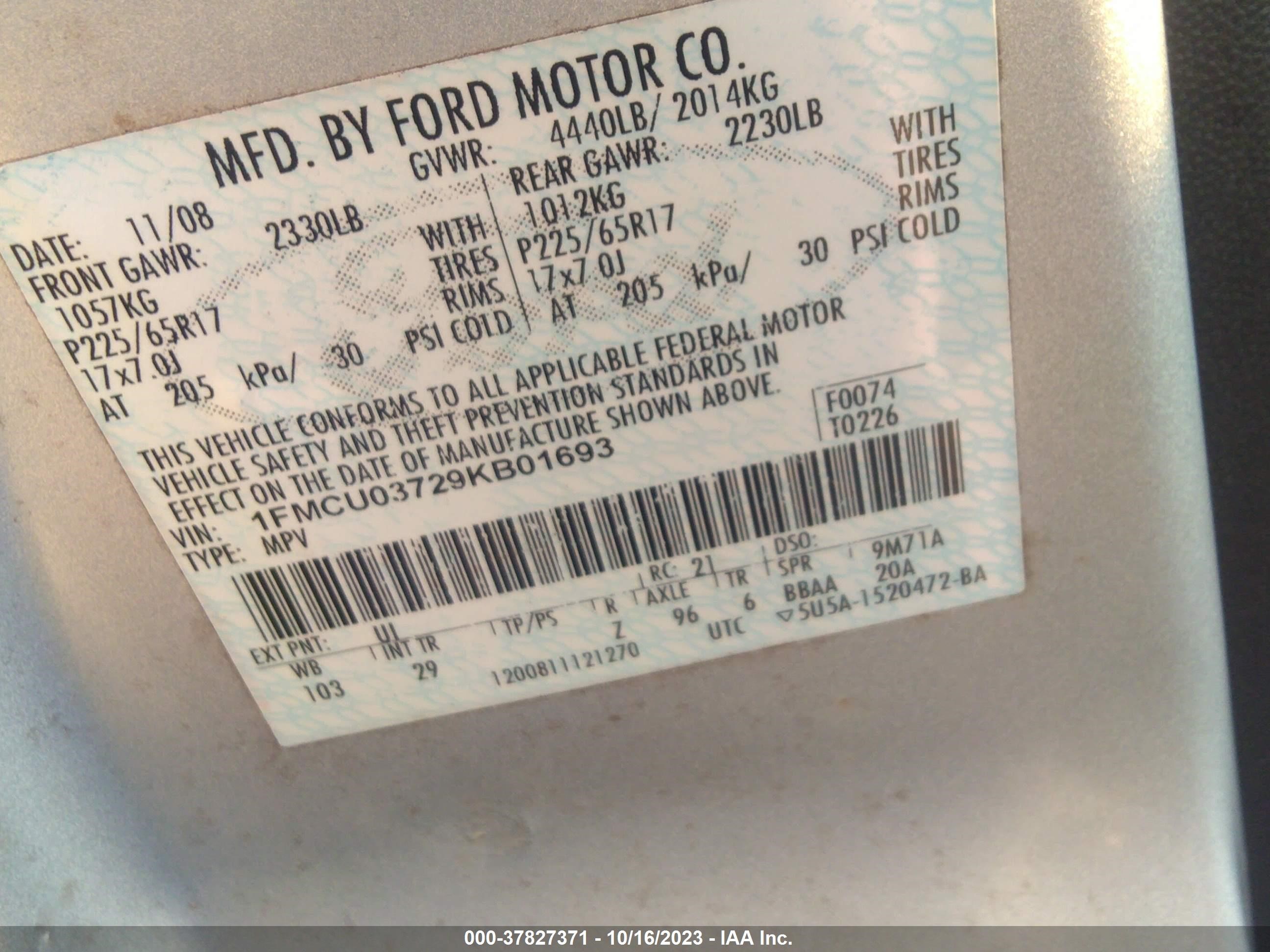 Photo 8 VIN: 1FMCU03729KB01693 - FORD ESCAPE 