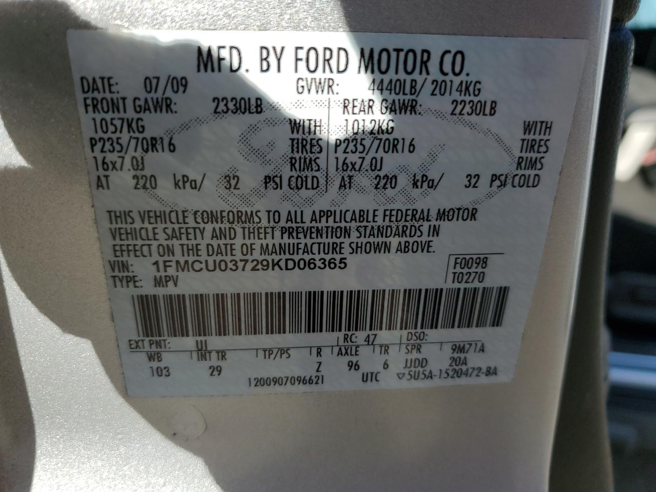 Photo 11 VIN: 1FMCU03729KD06365 - FORD ESCAPE 