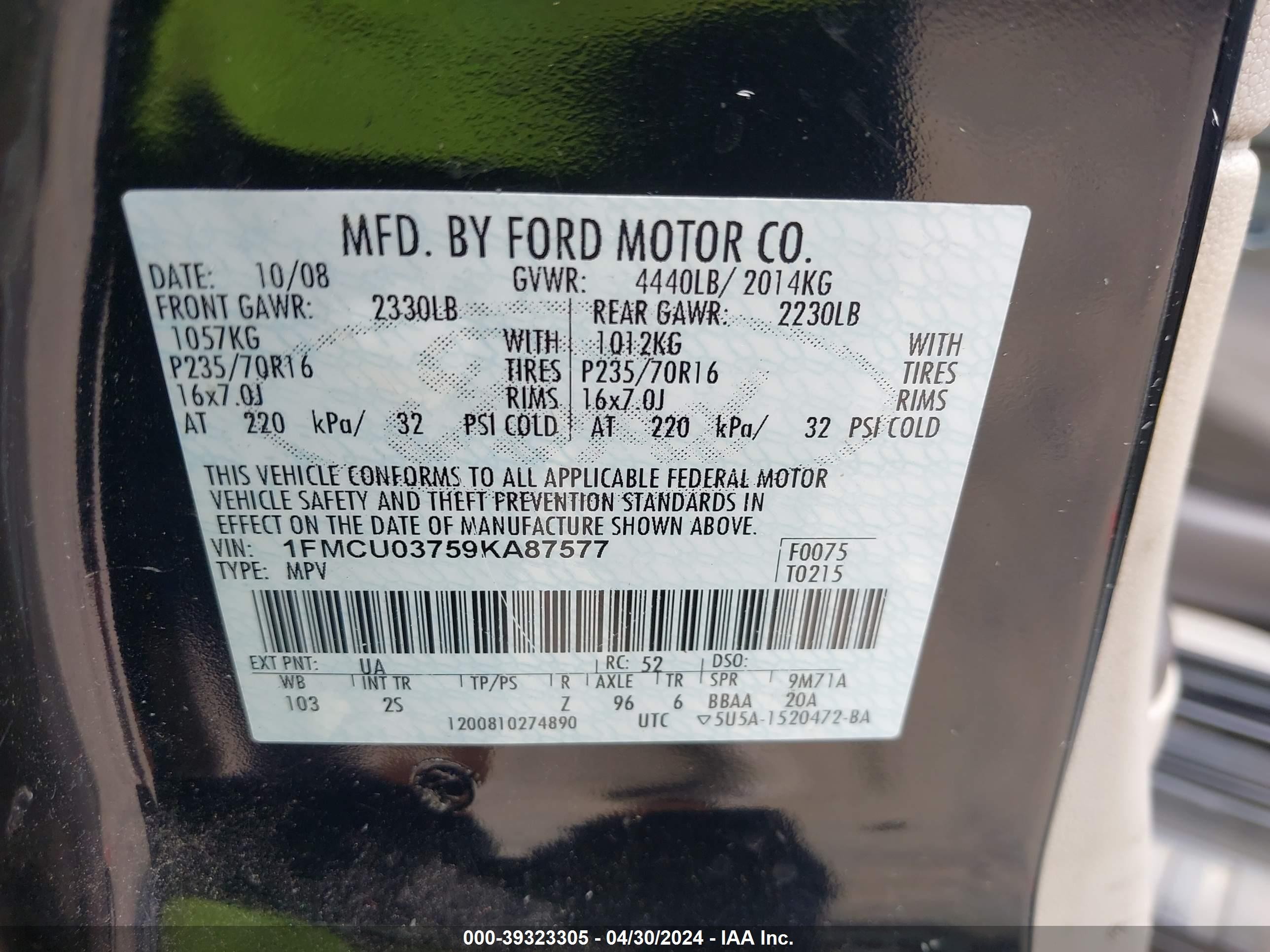 Photo 8 VIN: 1FMCU03759KA87577 - FORD ESCAPE 