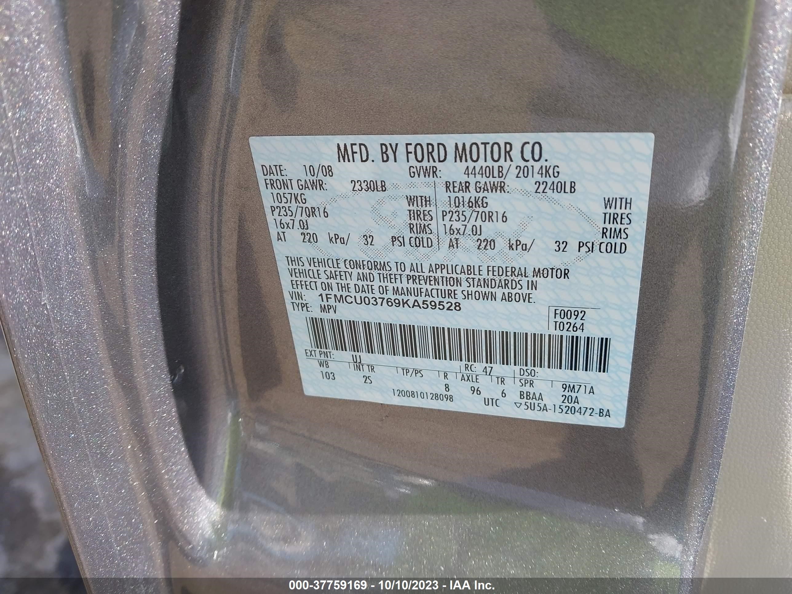 Photo 8 VIN: 1FMCU03769KA59528 - FORD ESCAPE 