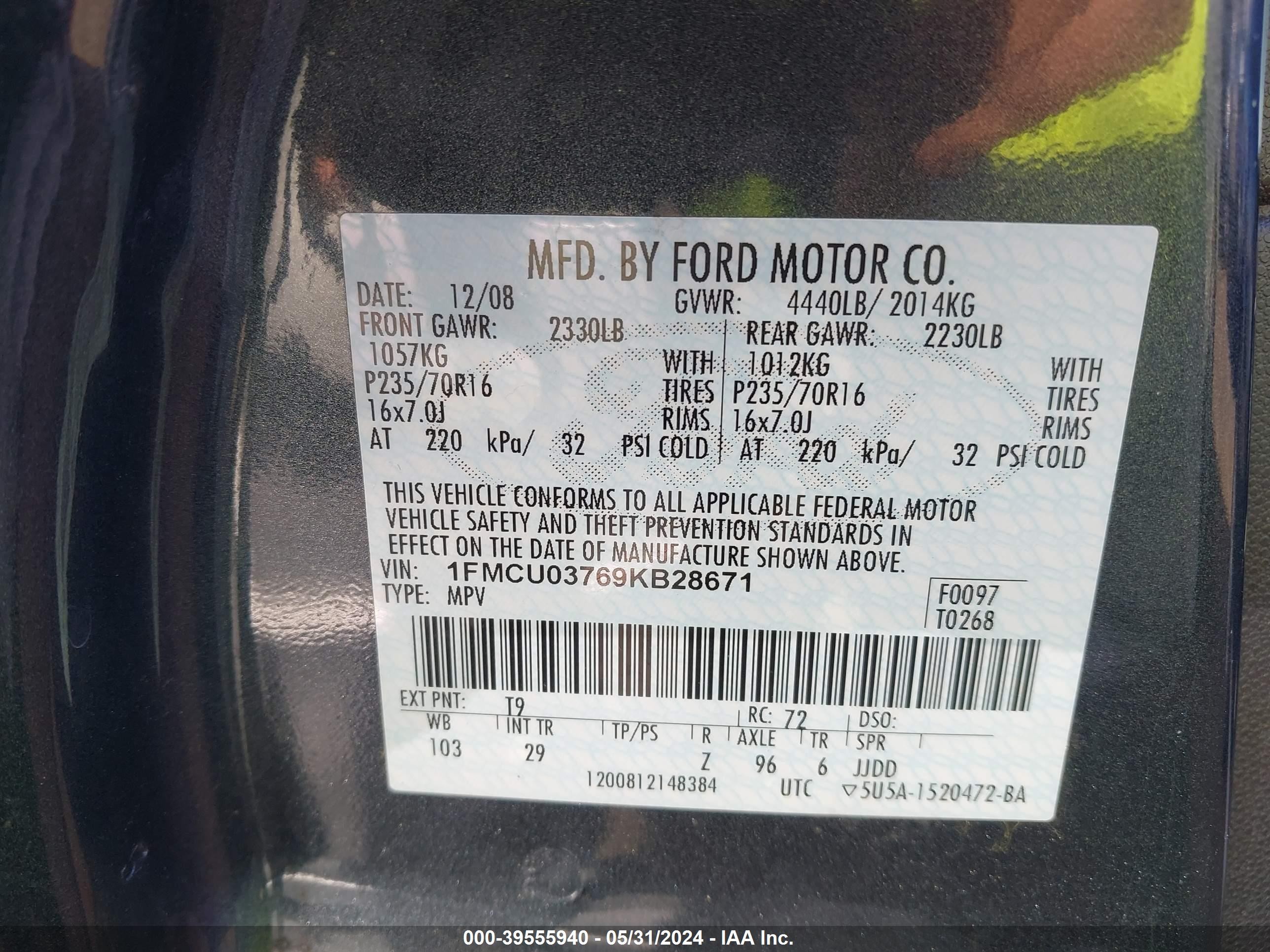 Photo 8 VIN: 1FMCU03769KB28671 - FORD ESCAPE 