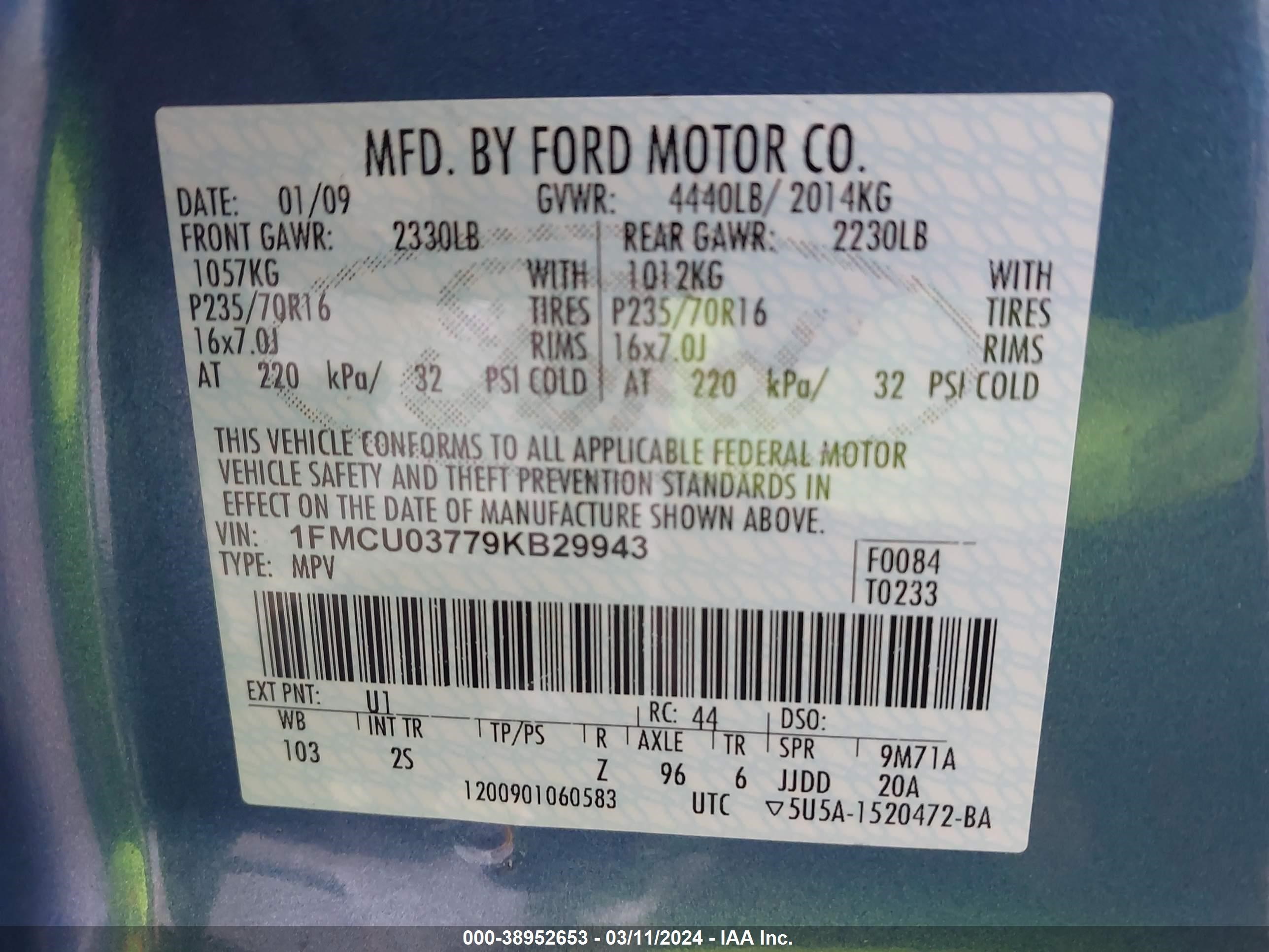 Photo 8 VIN: 1FMCU03779KB29943 - FORD ESCAPE 